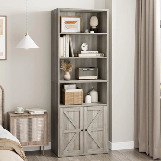 NIGER Farmhouse Industrial 6-Shelf Bookcase with Doors – 23.6"W