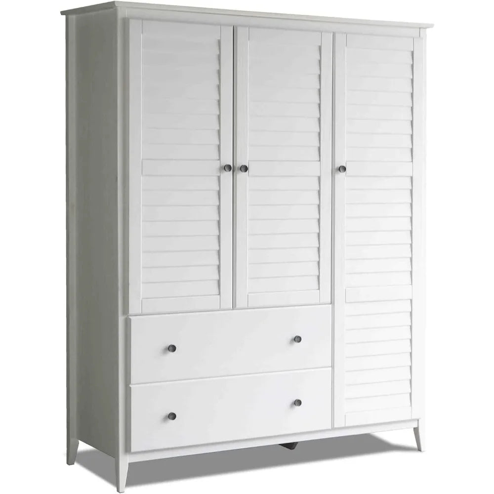 BAILEY Louvered 3-Door Wooden Wardrobe with Drawers - 59.5" Wide