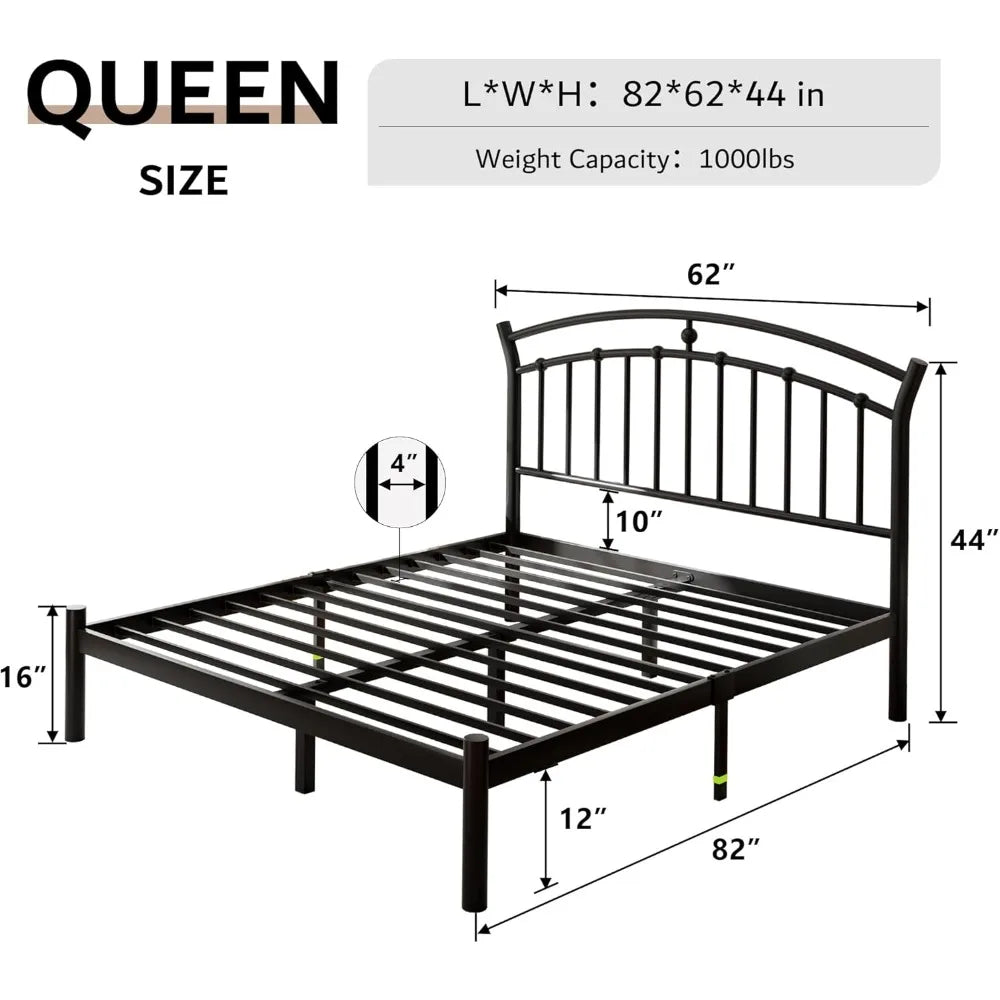 LEAH Modern Metal Platform Bed Frame with Elegant Iron-Art Headboard & Heavy-Duty Steel Slats