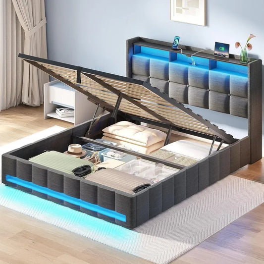 ESTHER Modern LED Storage Bed Frame with Charging Station - Queen Size 60''