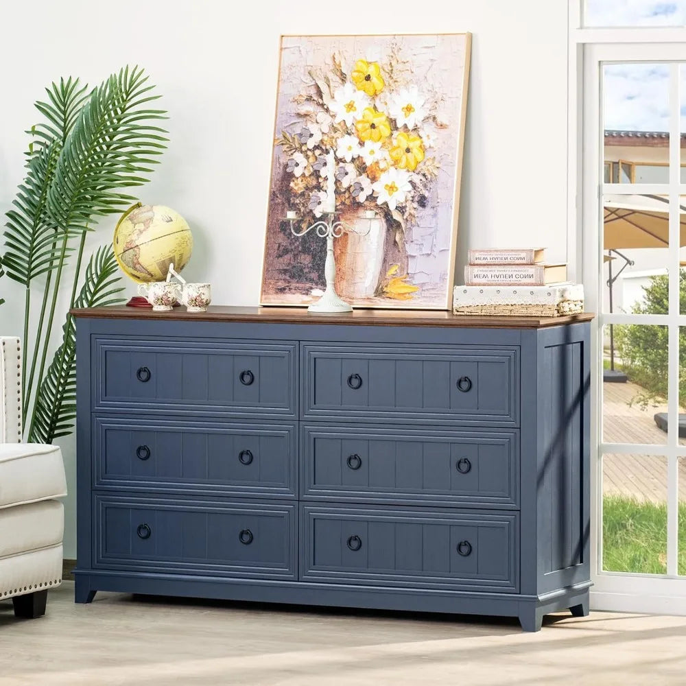 KAMILA Vintage Farmhouse 6-Drawer Wood Dresser - 54'' Wide