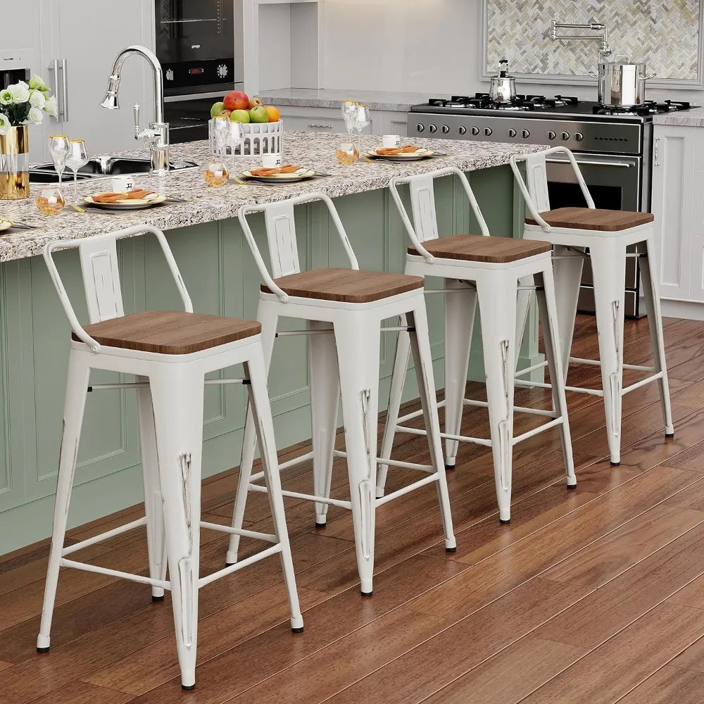 24" Metal Bar Stools Set of 4 Counter Height Barstools Industrial Counter Stool Kitchen Bar Chairs with Modern Wooden