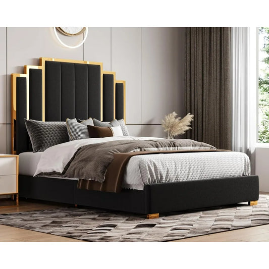 VALERIA Modern Queen Size Velvet Upholstered Bed Frame with 61" Gold Trim Headboard