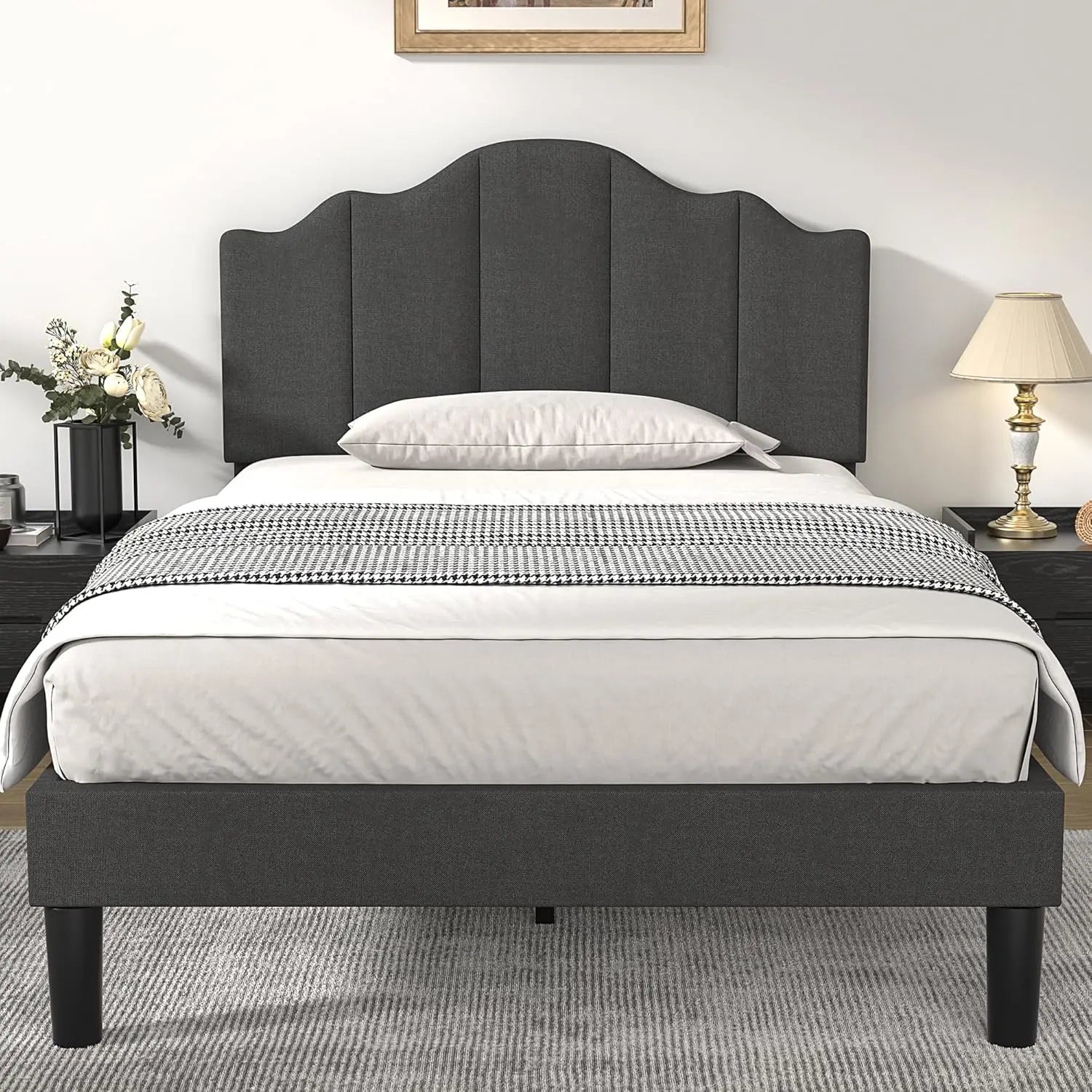 VIOLET Modern Curved Full Size Upholstered Platform Bed Frame 56'' Wide – Adjustable Headboard