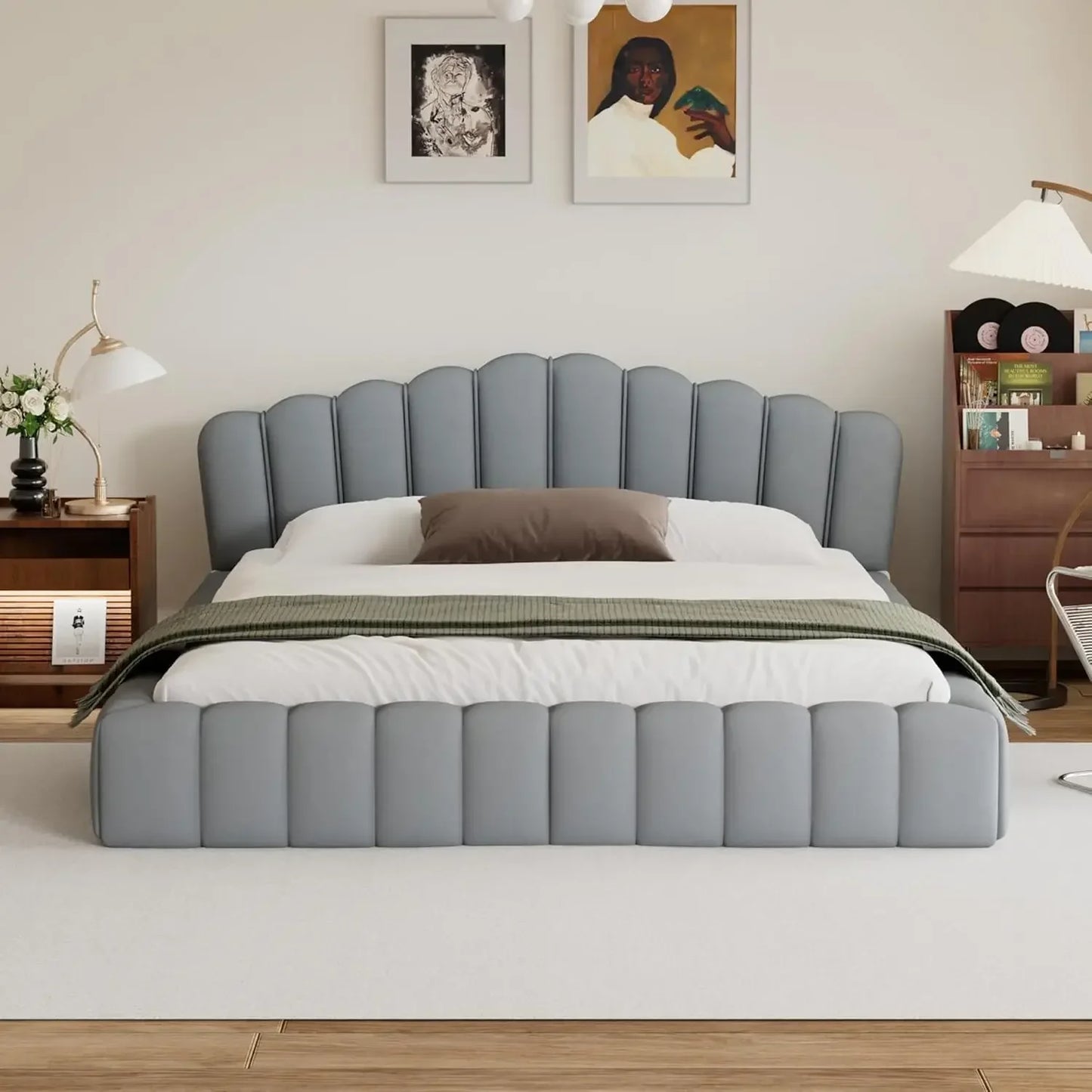 MELANIE Elegant Shell-Shaped Velvet Upholstered Queen Bed Frame - No Box Spring Needed