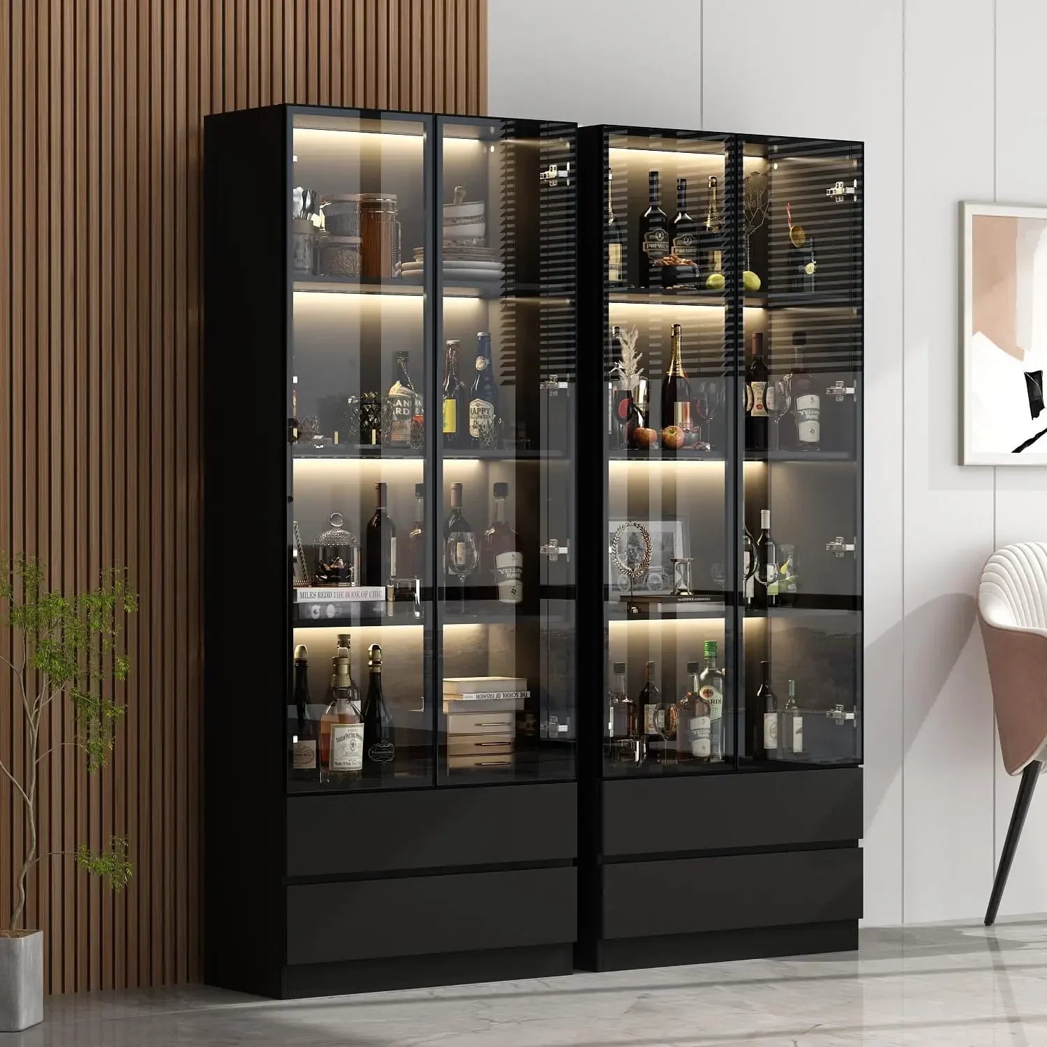 MARY Modern Bookcase with LED Lights, Glass Doors & 4-Tier Shelves - 31.5" W