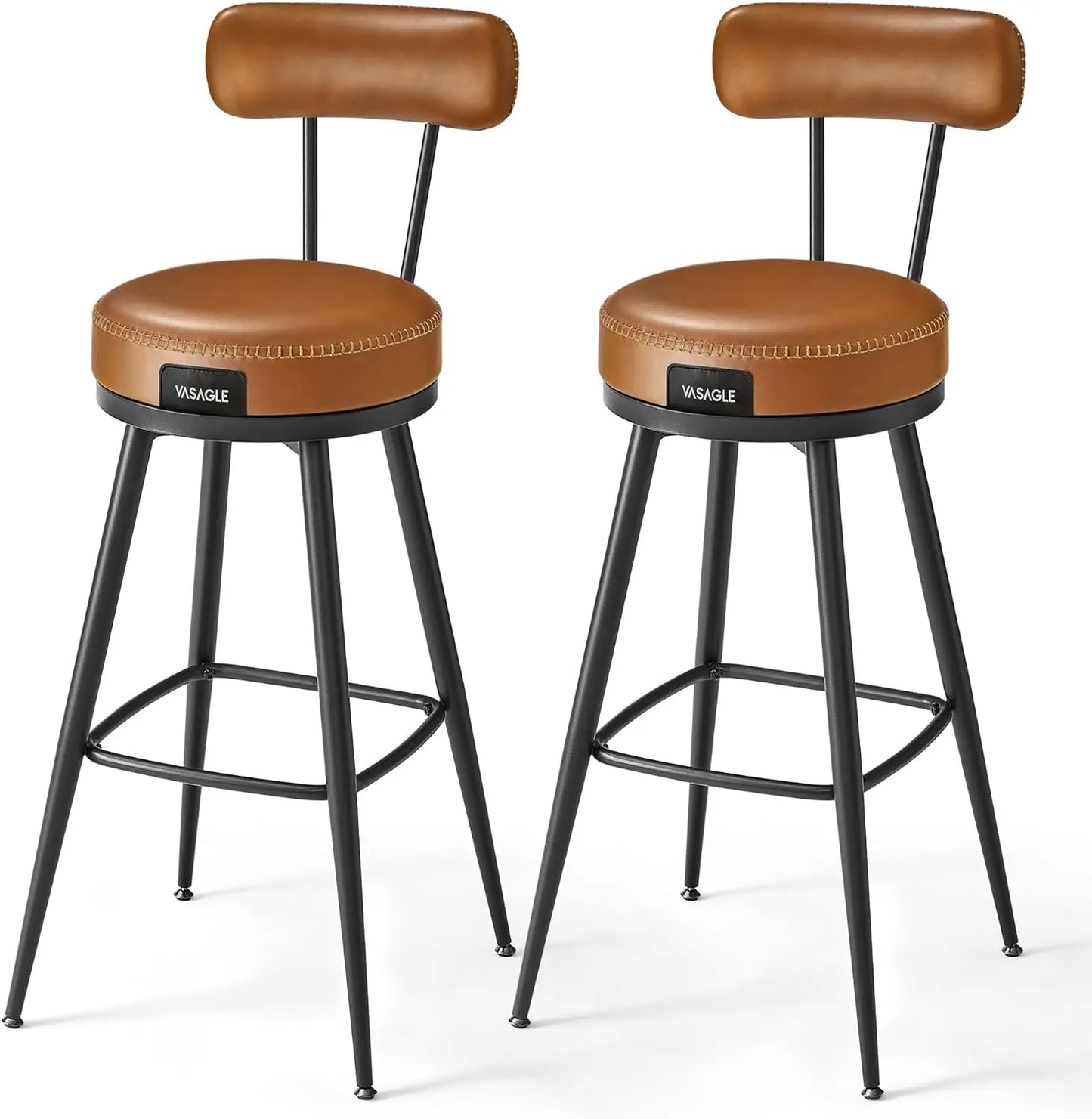 Bar Stools Set of 2, Counter Height Swivel Bar Stools with Back, Synthetic Leather with Stitching，25.6-Inch