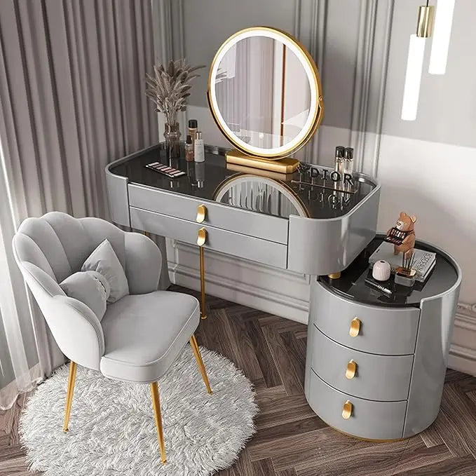 PHOEBE Modern Gray Lighted Makeup Vanity Desk with Drawers & Side Cabinet - 39.3" Wide