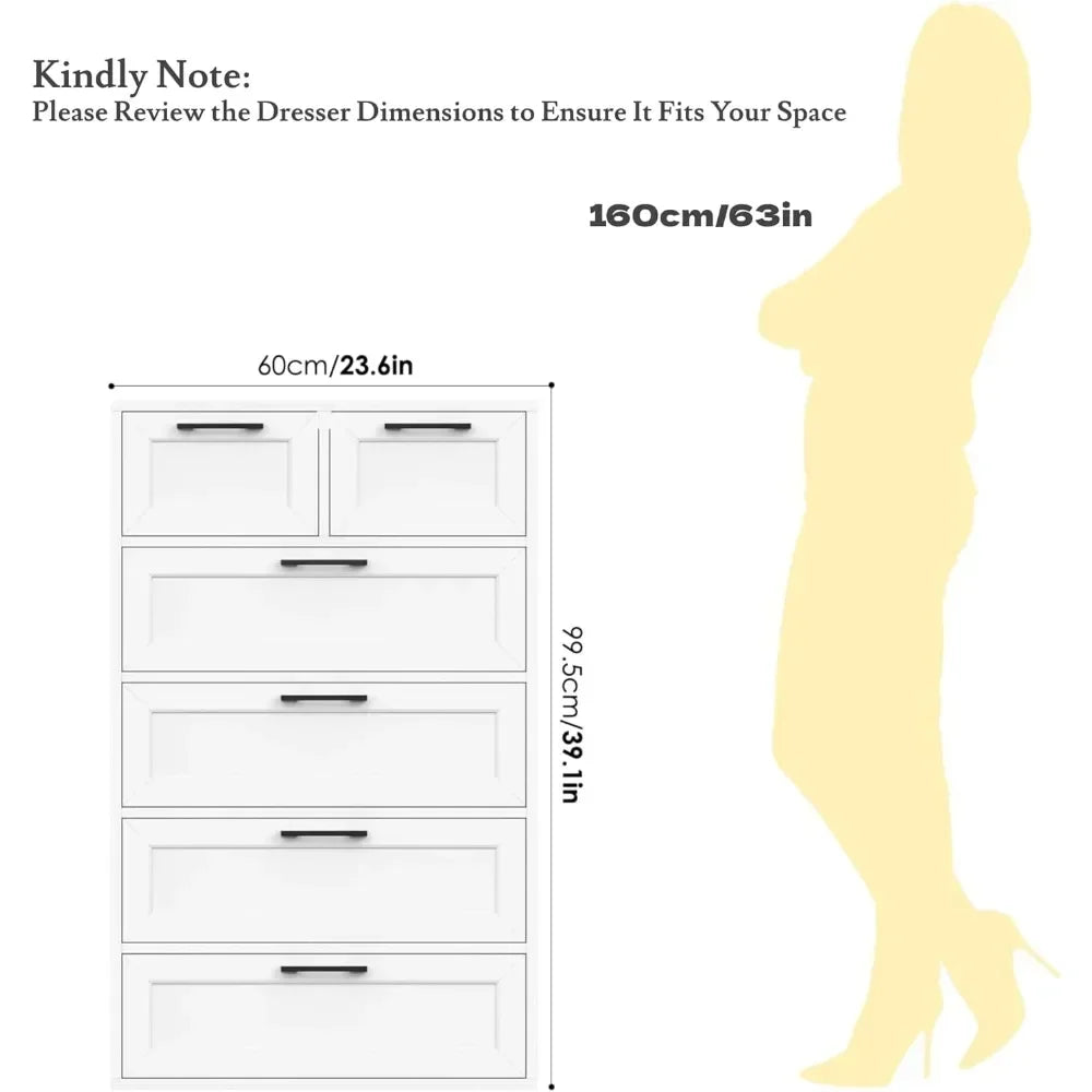 KAYLEE Modern Minimalist 6 Drawer Dresser - White Chest of Drawers (23.6" W)