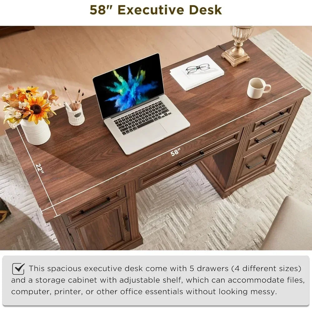 MARY Farmhouse Executive Desk with Drawers & Cabinet – 58" W