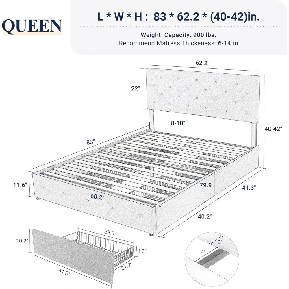 ISABELLE Modern Upholstered Queen Platform Bed Frame with Storage Drawers - 62" Wide