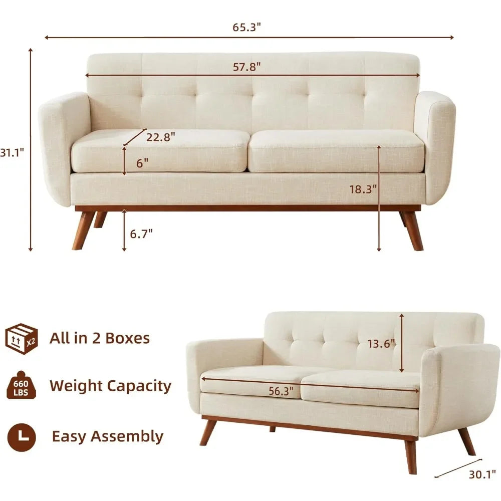 SOPHIA Upholstered Furniture 65.3" Mid Century Modern Loveseat Sofa