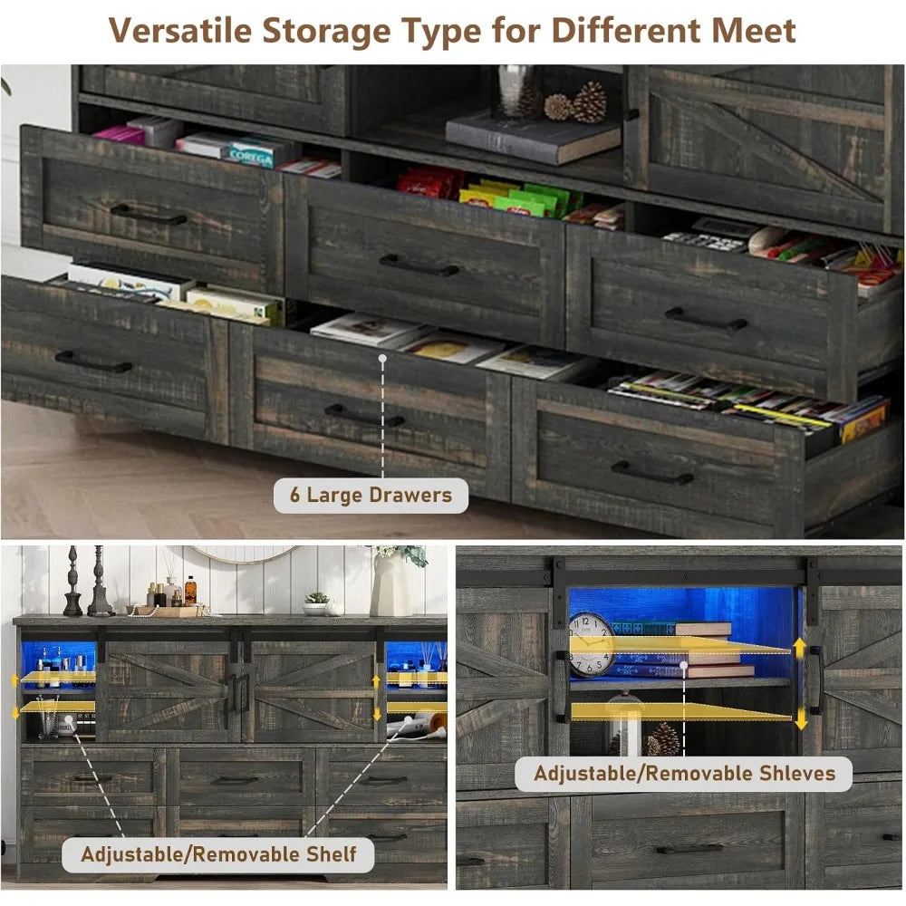 JORDYN Rustic Farmhouse Dresser – 6 Drawer Storage Chest with Sliding Barn Doors & LED Lights | 63'' W