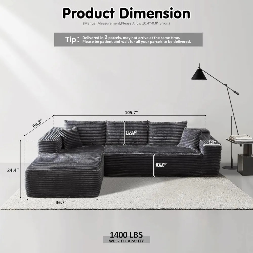 JAMESON Modern Plush Corduroy L-Shaped Cloud Sectional Sofa – Deep Seat Modular Couch | 105.7"W