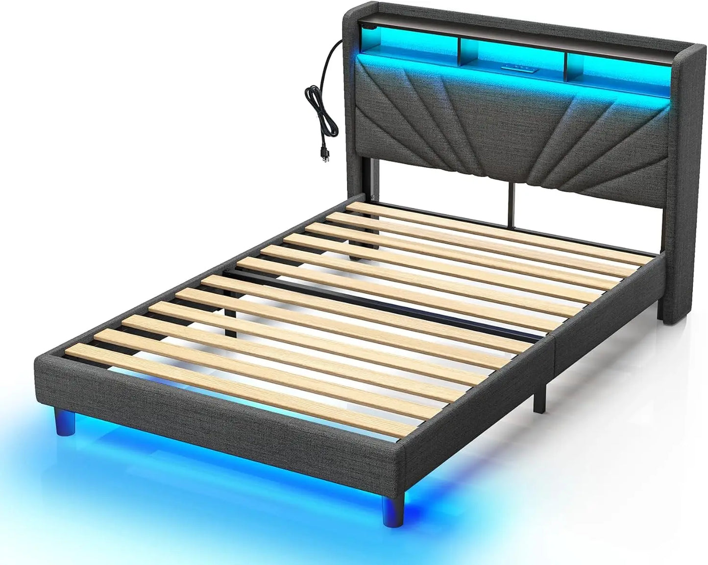 ZOEY Modern King Size Upholstered Bed Frame with LED Lights, Charging Station & Storage - 75.98''