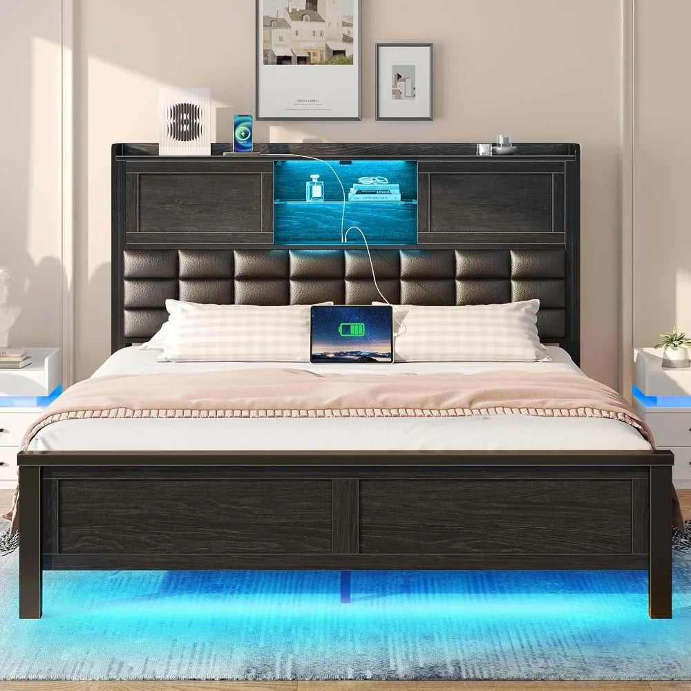 VALENTINA Modern Full-Size Bed Frame with Bookcase Headboard & LED Light