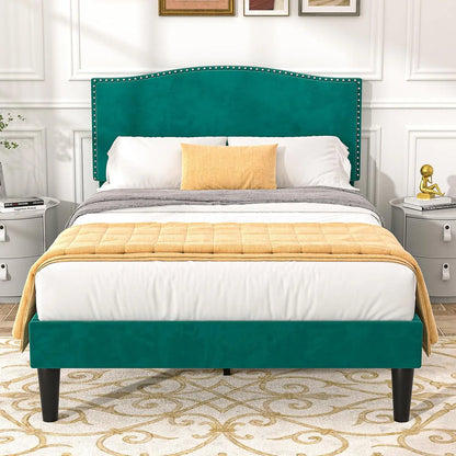 SOFIA Modern Velvet Upholstered Platform Bed Frame with Rivet Headboard