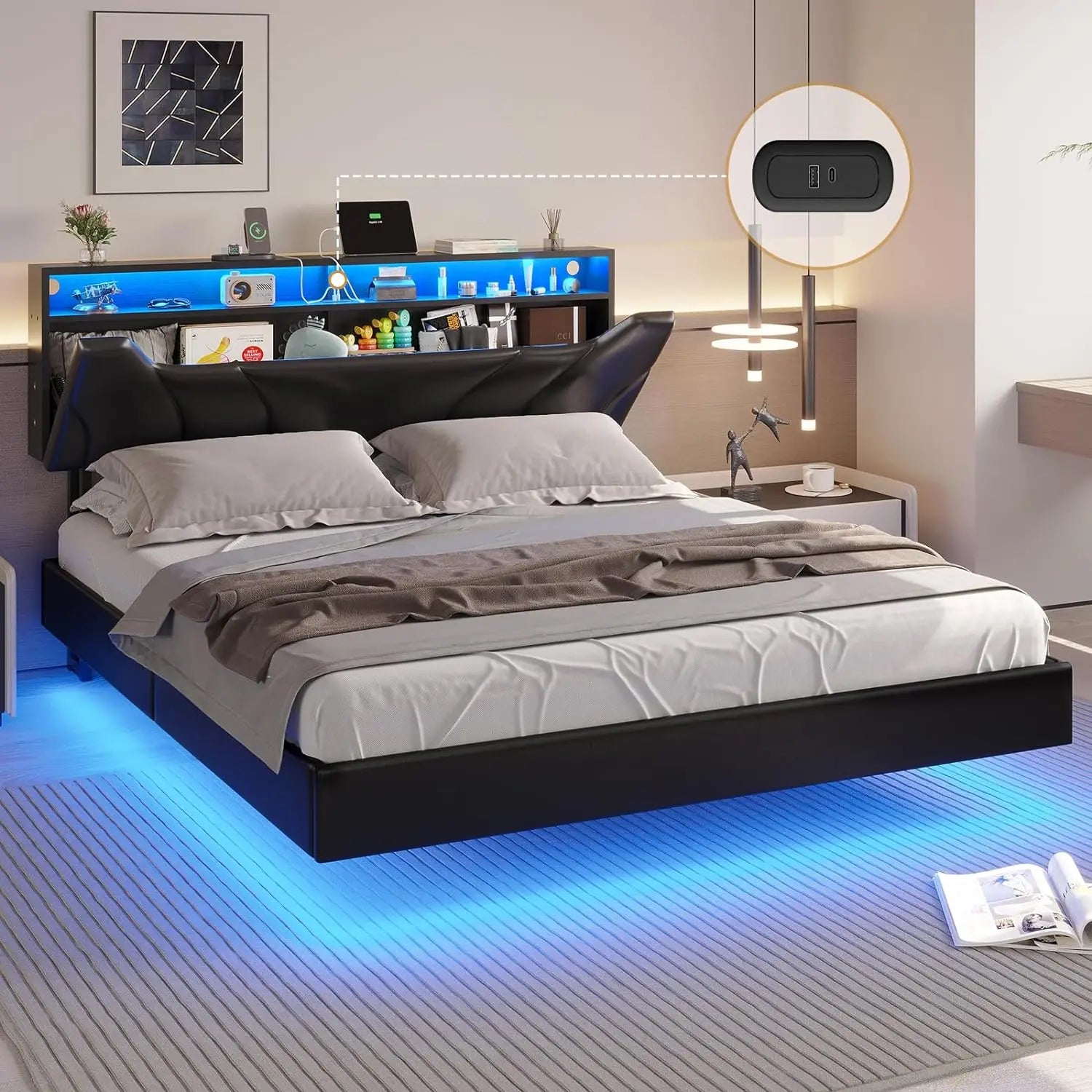 Emryn Modern Floating LED Bed Frame | Full Size 53.9" Wide Faux Leather Platform Bed