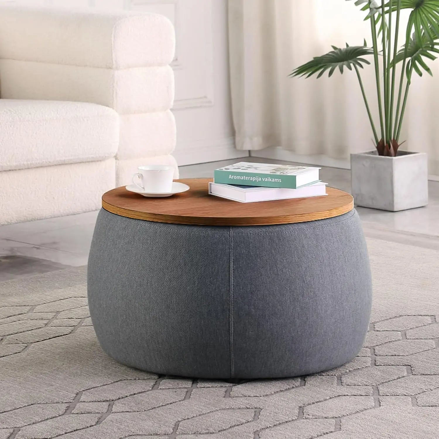 KAYLA Round Velvet Ottoman Storage Coffee Table – 26"W