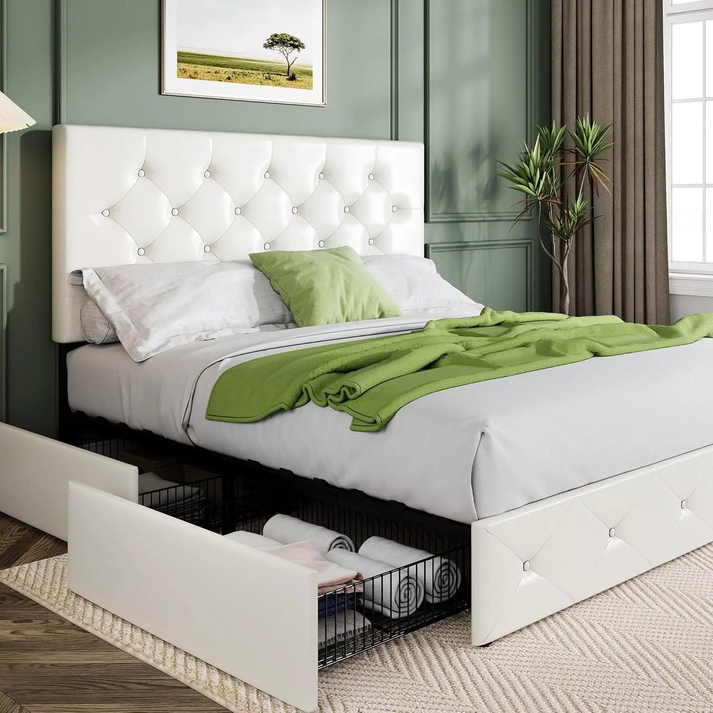 ISABELLE Modern Upholstered Queen Platform Bed Frame with Storage Drawers - 62" Wide