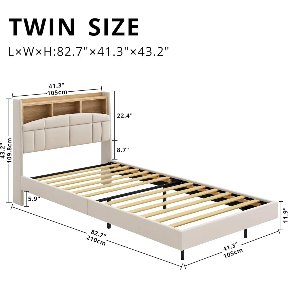 CHARLIE Modern Floating Bed Frame with Bookcase Headboard & Charging Station - 60''