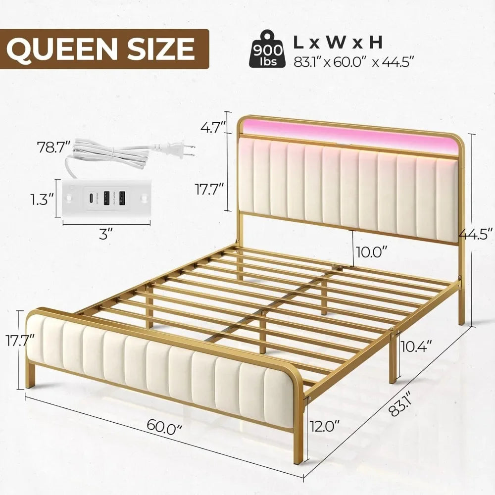 HANNAH Modern Queen Size Bed Frame with LED Headboard, Charging Station & Storage