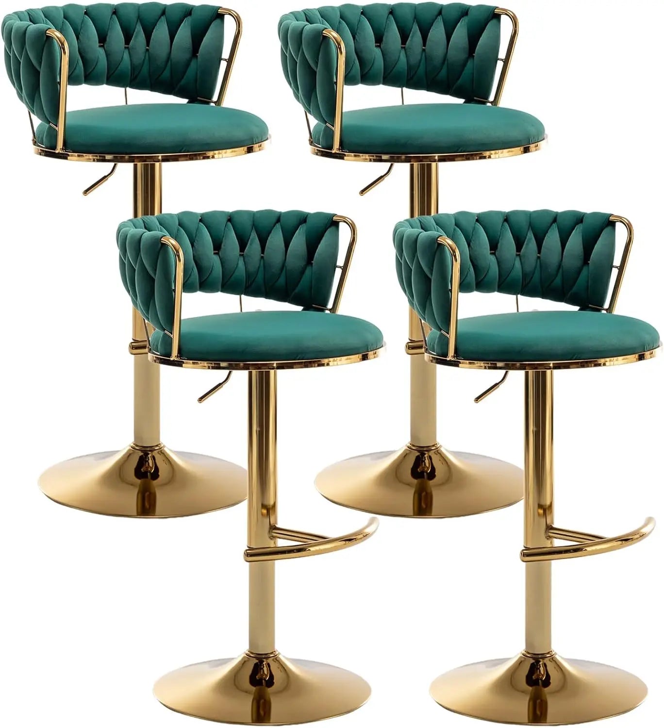 Gold Bar Stools Set of 4, Counter Height Bar Stools with Low Back, Velvet Adjustable Height Barstools, 360° Swivel Bar Stools