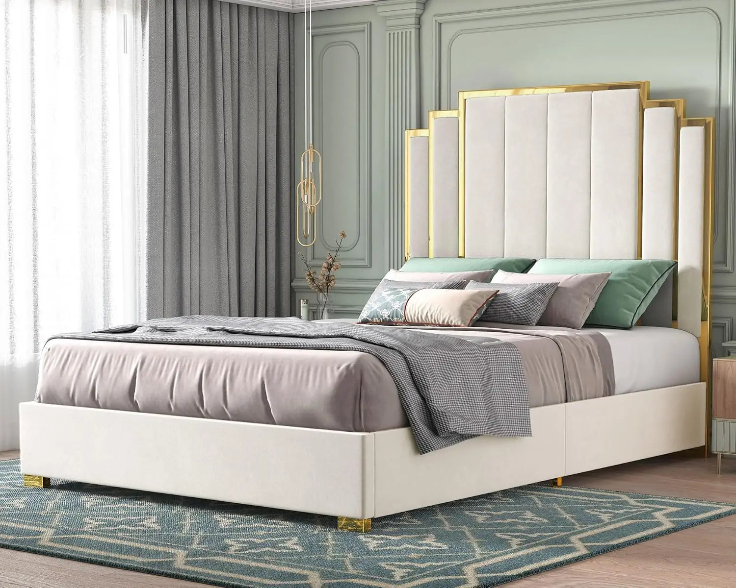 VALERIA Modern Queen Size Velvet Upholstered Bed Frame with 61" Gold Trim Headboard