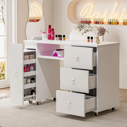 ARIELLA Modern Manicure Table with Storage - 43'' Salon Nail Desk w/3 Drawers & Vertical Cabinet