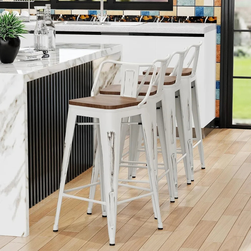 24" Metal Bar Stools Set of 4 Counter Height Barstools Industrial Counter Stool Kitchen Bar Chairs with Modern Wooden