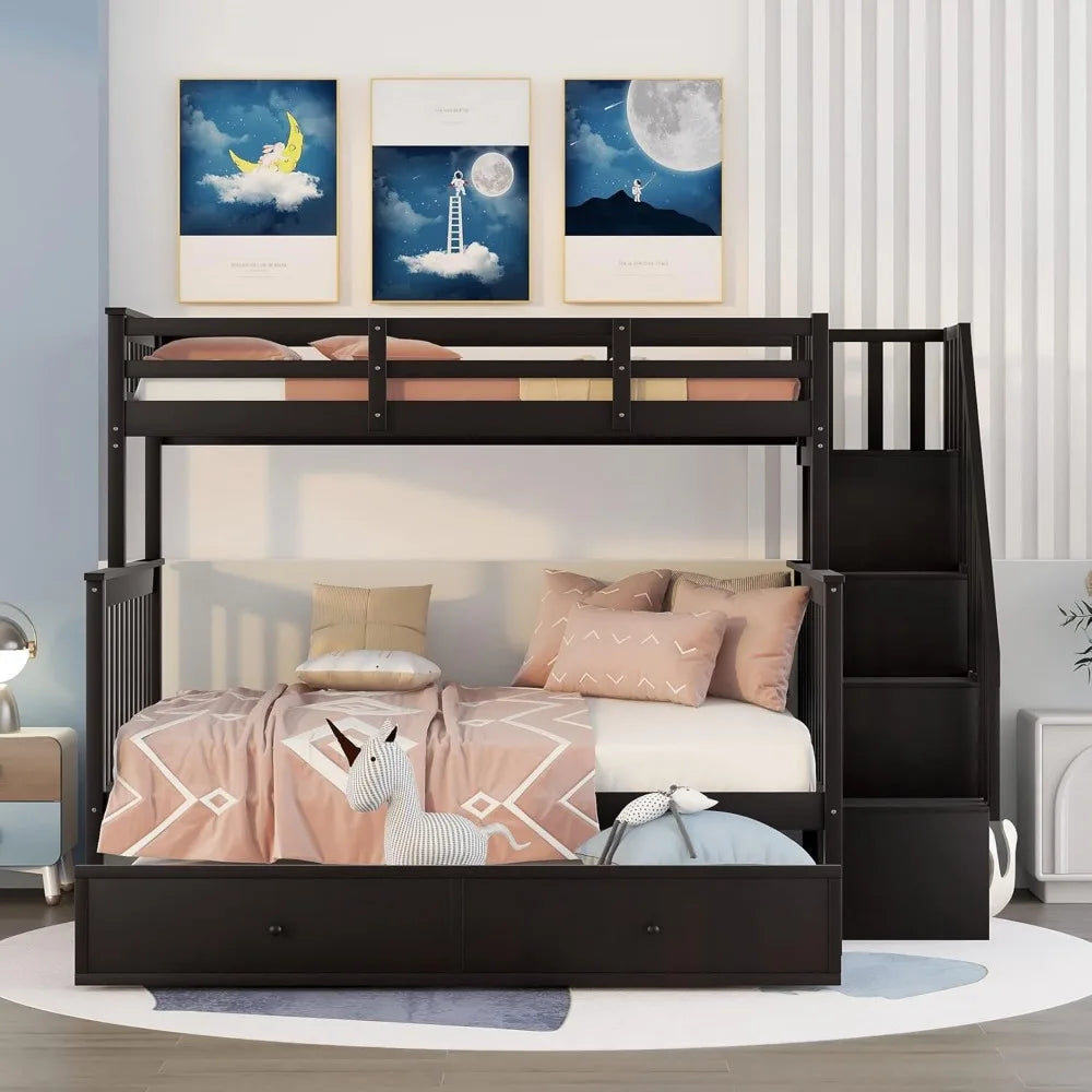 ELEANOR Modern Twin Over Full Bunk Bed with Storage Stairway and Drawers