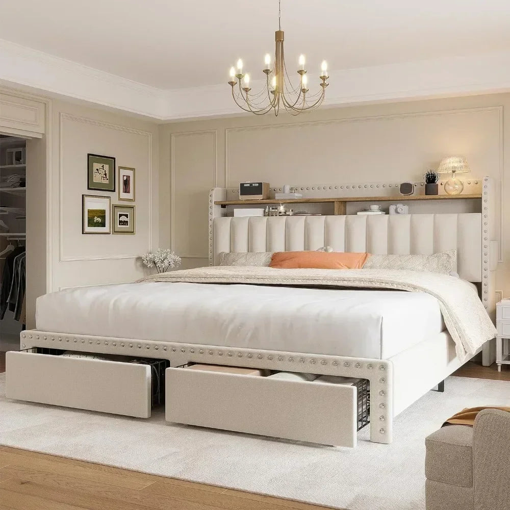 NAOMI Modern Upholstered Queen Bed Frame with Storage Drawers & Headboard - 62'' Wide