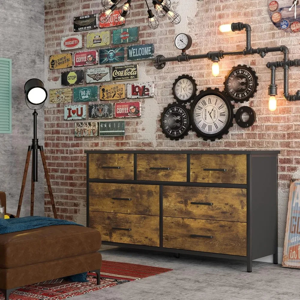 DAHLIA Rustic Industrial 7-Drawer Wood Storage Dresser - 47.2" Wide