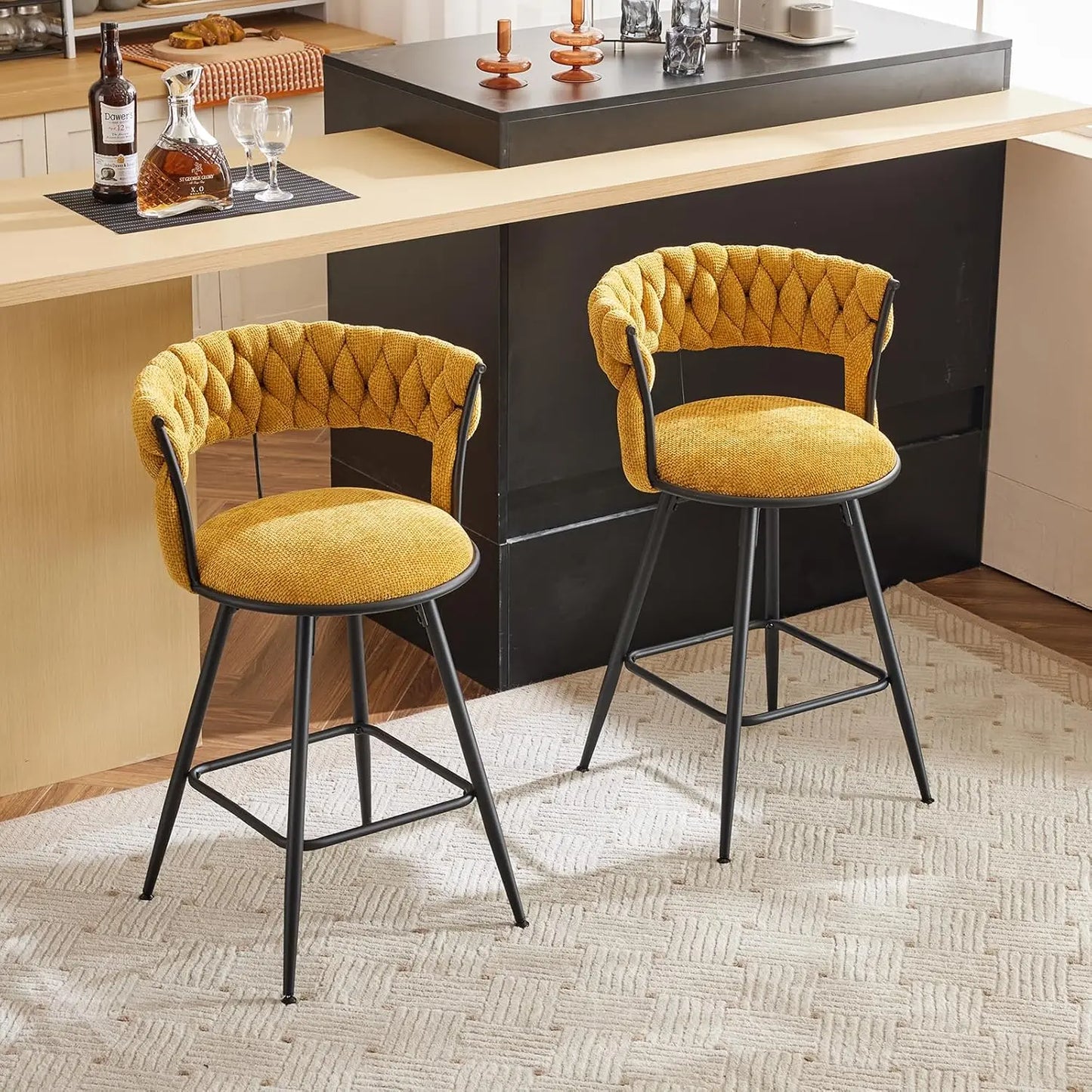 26 inch Bar Stool Set of 2, 360° Swivel Counter Barstool with Backrest, Upholstered Hand-Woven Barstool, Modern Bar Chair