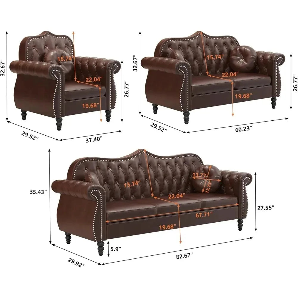 HUDSON ChesterLuxe Classic Chesterfield Sofa Set – Mid-Century PU Sectional Couch – 82.67"W