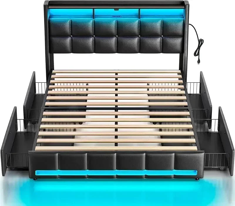 DELILAH Modern Upholstered Bed Frame with LED Lights, Storage Drawers & Charging Station