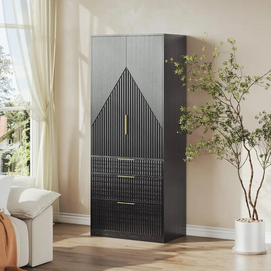 Modern Armoire Wardrobe – Black Woodgrain Closet with Drawers