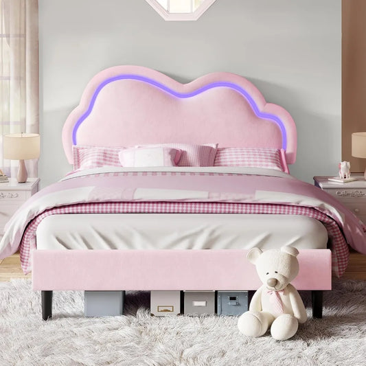 AMIRA Modern Cloud LED Bed Frame - Velvet Upholstered Platform - Full Size