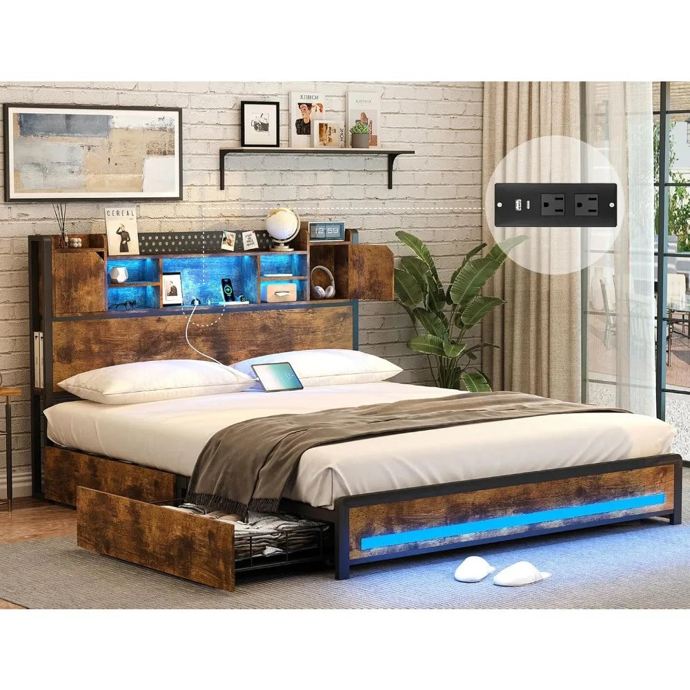 SOPHIA Industrial Style Queen Platform Bed Frame 61.4" Wide with LED Lights