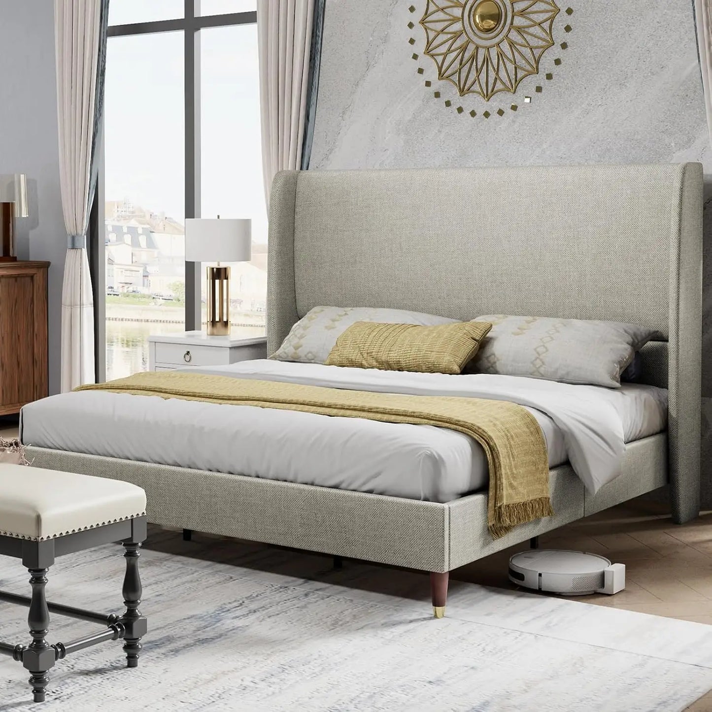 AUBREY Modern Wingback Upholstered Queen Platform Bed – 51.2" Tall Headboard