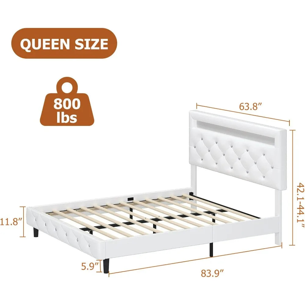 NATALIE Modern Upholstered Queen Bed Frame with LED Lights - Crystal Tufted Headboard - 60"