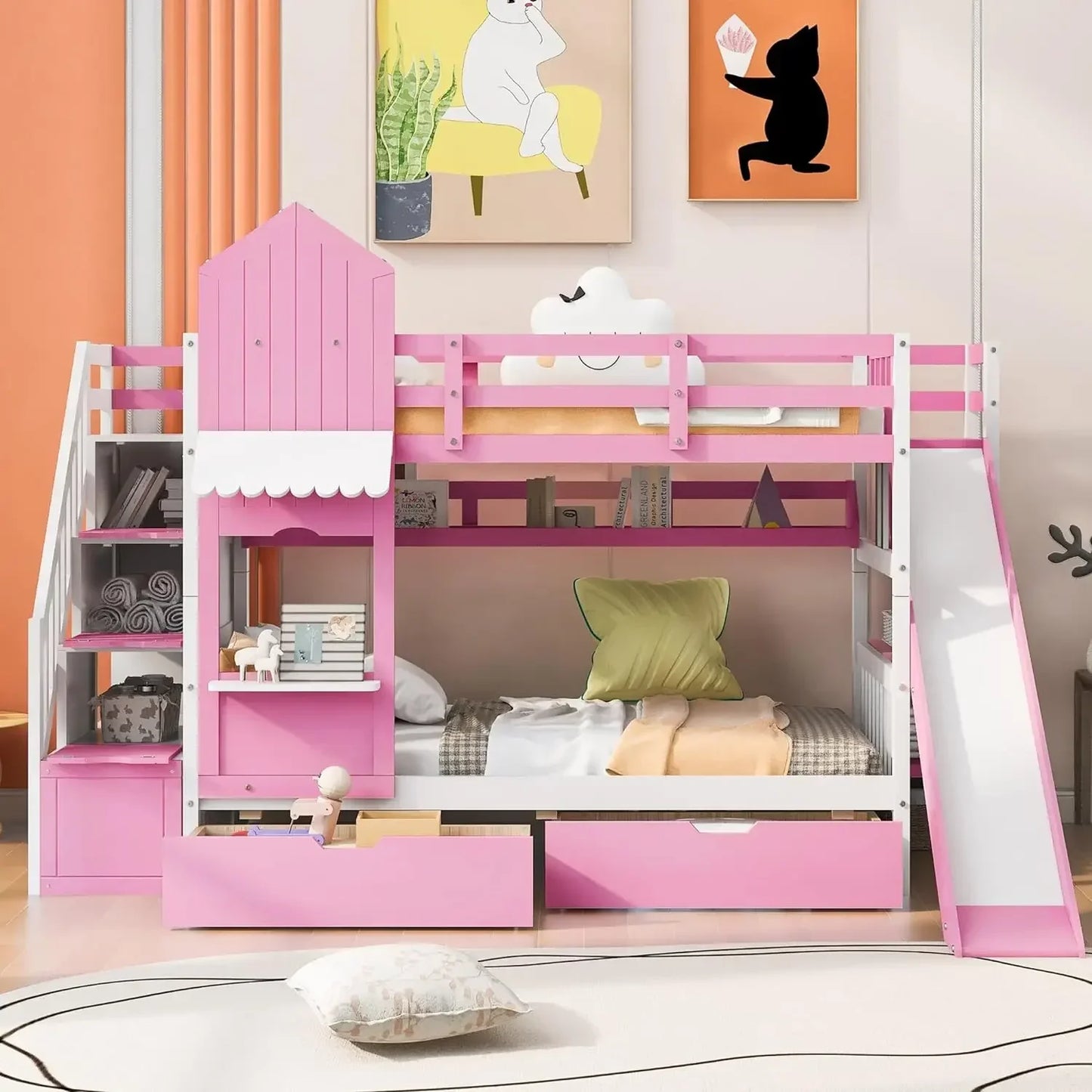 PEYTON Castle Style Wooden Twin Over Twin Bunk Bed with Stairs, Slide & Storage