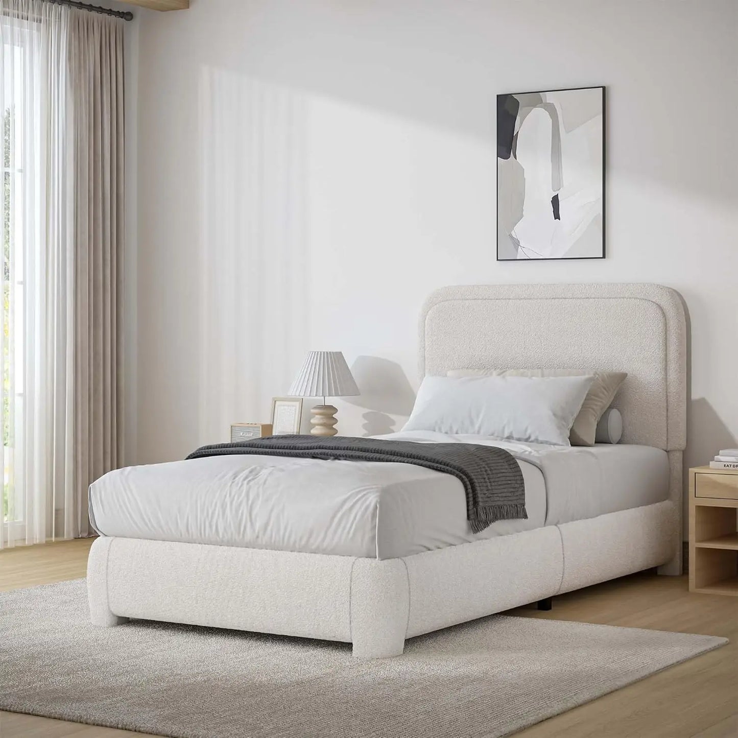 SERENITY Modern Boucle Upholstered Bed Frame with Rounded Headboard - Twin Size