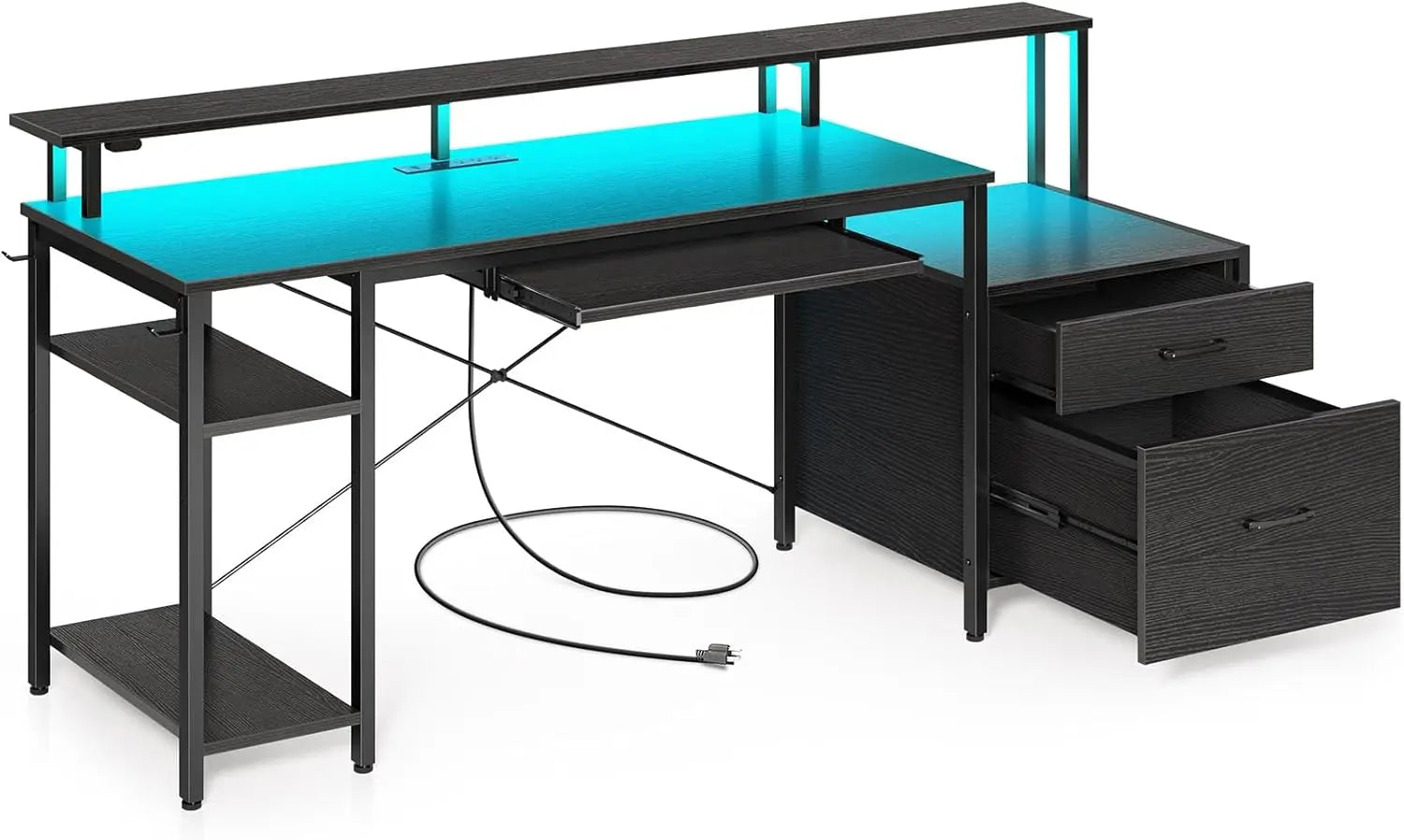 OLIVIA Gaming Desk with LED Lights & Power Outlets Storage Shelves- 63"W