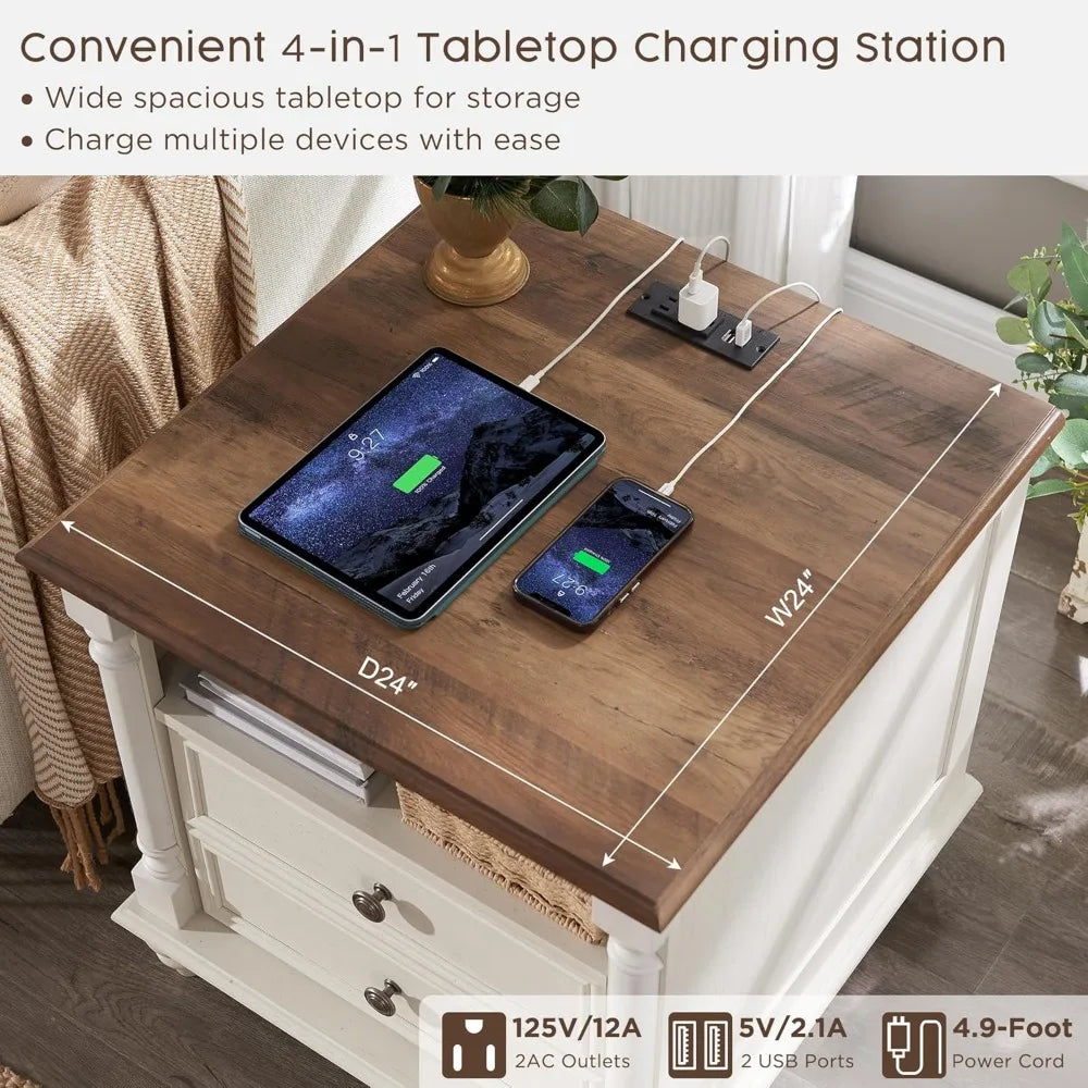 PAYTON Farmhouse End Table - Rustic Wood Nightstand with Charging Station