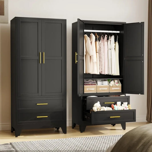 ALANNA Modern Metal Armoire Wardrobe Closet with Hanging Rod & Drawers
