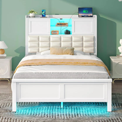 VALENTINA Modern Full-Size Bed Frame with Bookcase Headboard & LED Light