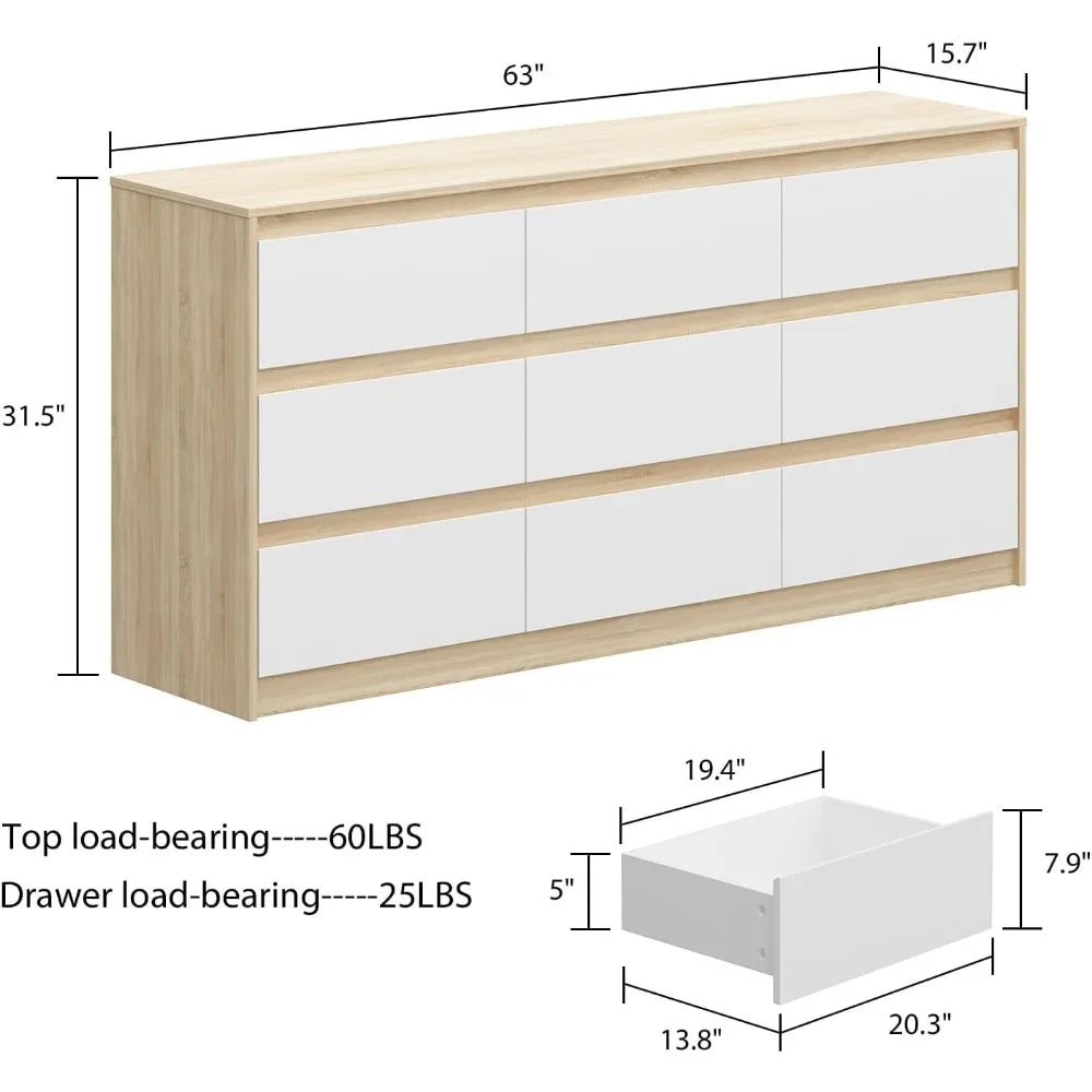 PRESLEY Modern 9-Drawer Wooden Dresser - 63" Wide, Minimalist Chest of Drawers for Bedroom & Living Room