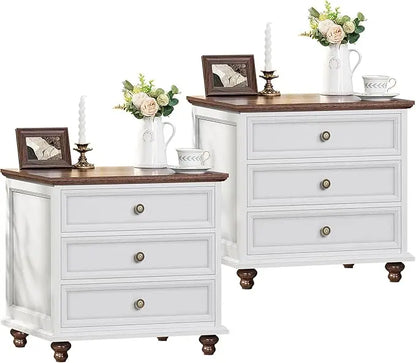 NAYELI Wide Nightstand Set of 2 – Solid Wood End Table with 3 Drawers for Bedroom