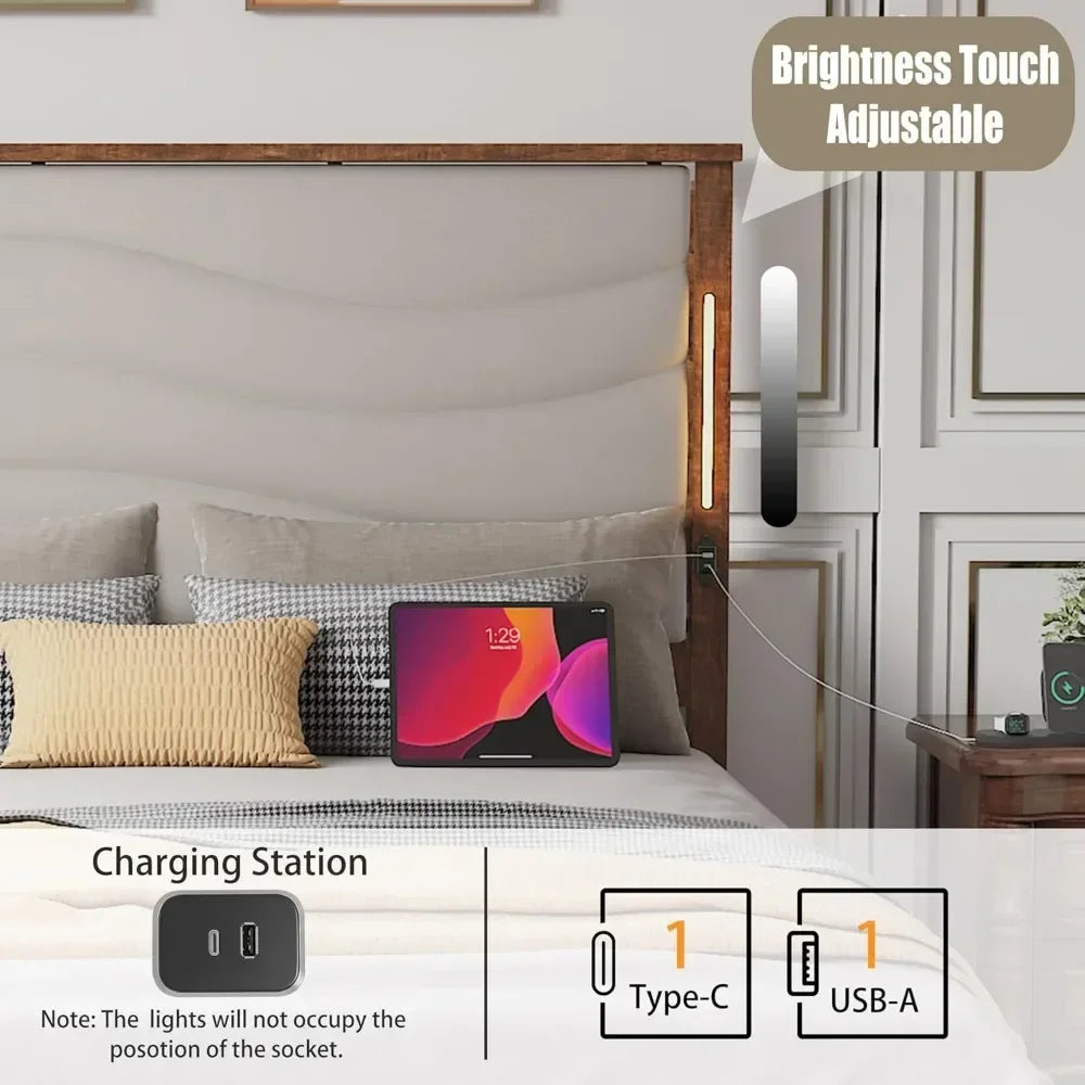 NOVA Wooden Bed Frame with LED Headboard & Charging Station | No Box Spring Needed